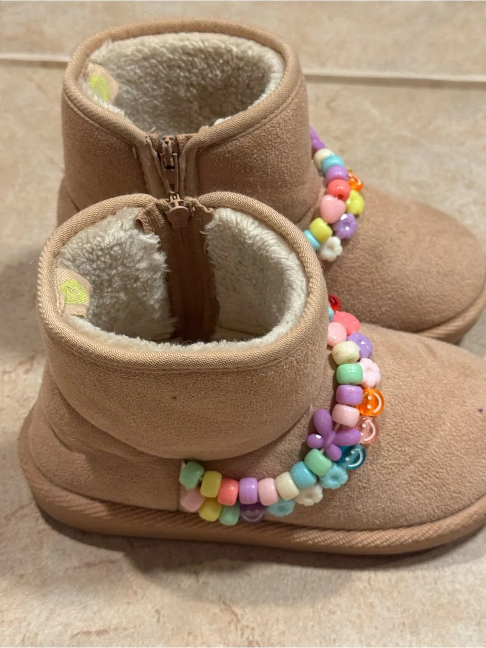 Kids Tan Plush Winter Boots with Colorful Bead Anklets